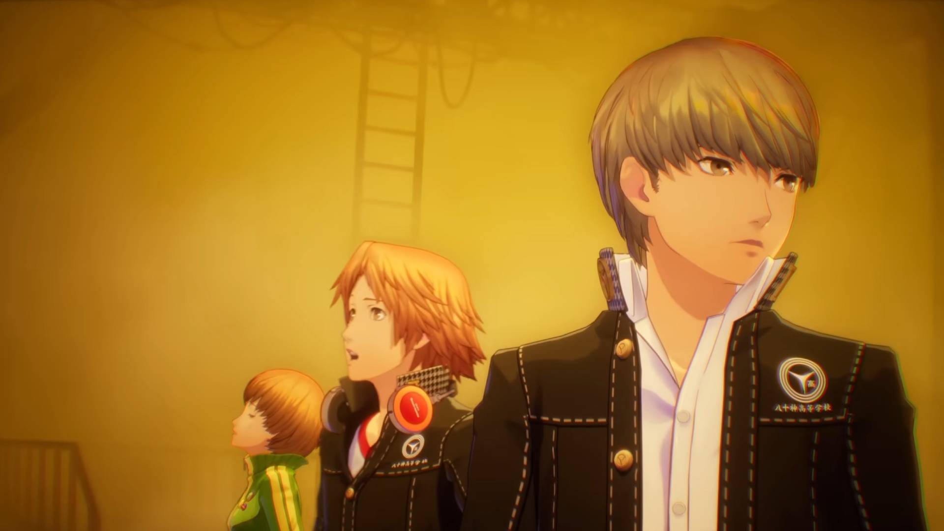 Persona 4 Revival zeigt Yu, Yosuke und Chie in einer gelb beleuchteten Szene aus dem neuen Trailer.