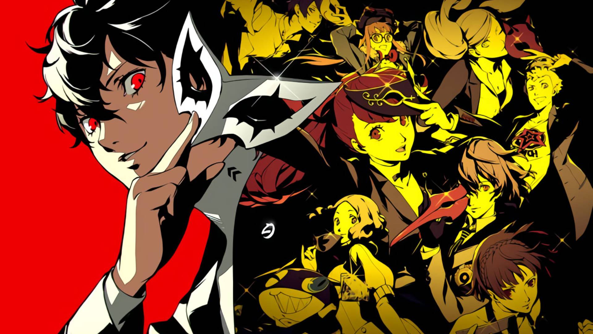 Persona 5 Artwork mit Joker und den Phantom Thieves vor rotem Hintergrund