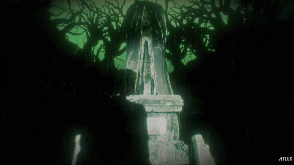 Persona 6 zeigt im ersten Teaser eine düstere Statue vor grün leuchtenden, kahlen Bäumen.