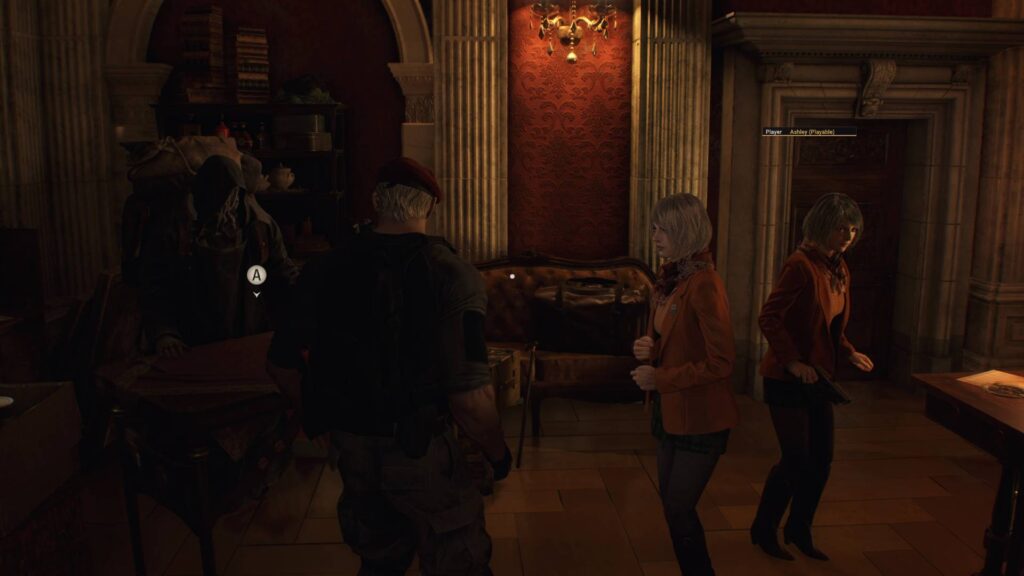 Resident Evil 4 Remake Multiplayer-Mod zeigt zwei Ashley-Figuren in einem dunklen Raum beim Händler.