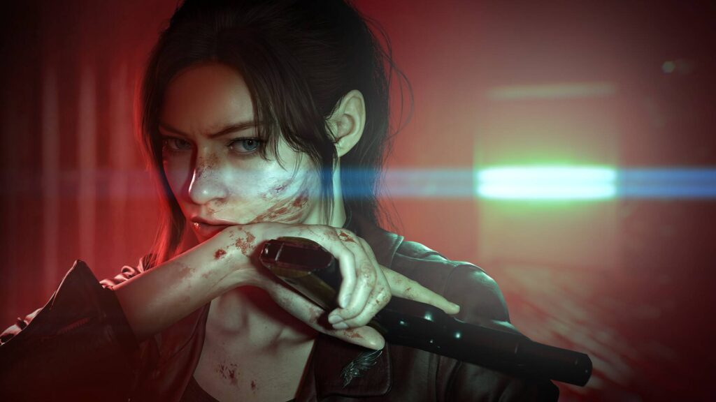 Claire Redfield hält blutverschmiert eine Pistole vor sich, während rotes Licht eine bedrohliche Szene in Resident Evil Code: Veronica ausleuchtet.