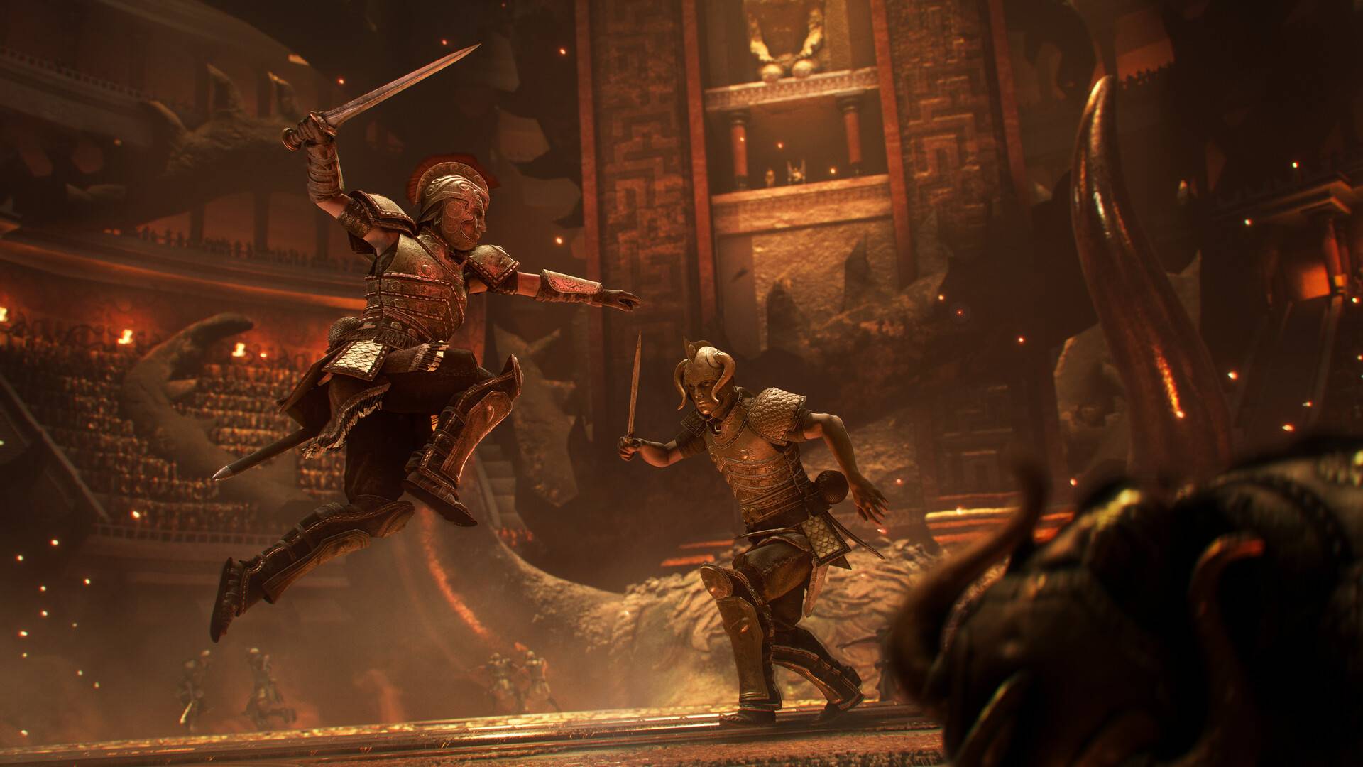 Zwei gepanzerte Kämpfer springen mit Schwertern durch eine düstere Arena in Resonance: A Plague Tale Legacy.