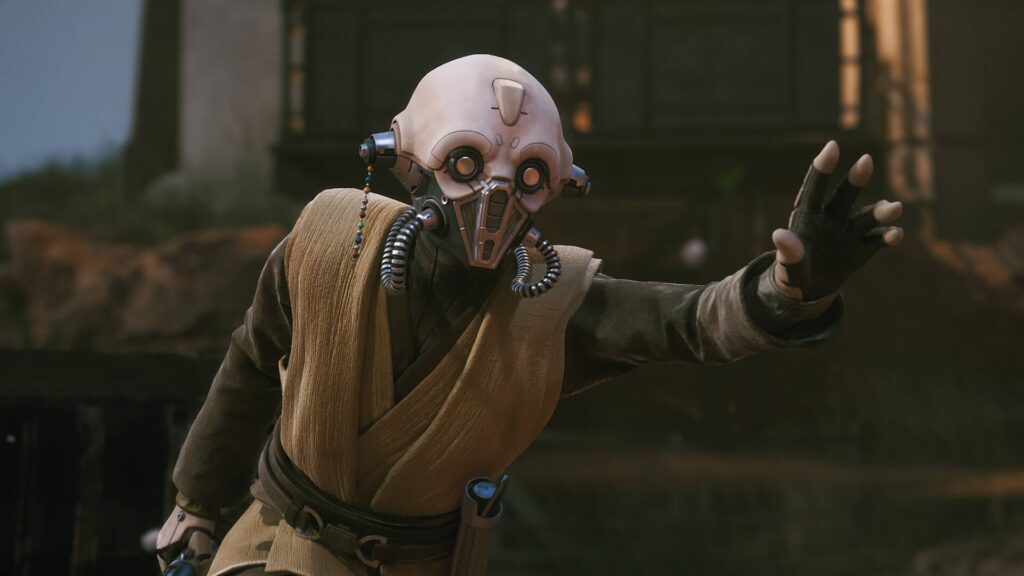 Ein maskierter Charakter aus Star Wars Zero Company streckt in einer düsteren Umgebung die Hand nach vorne aus.