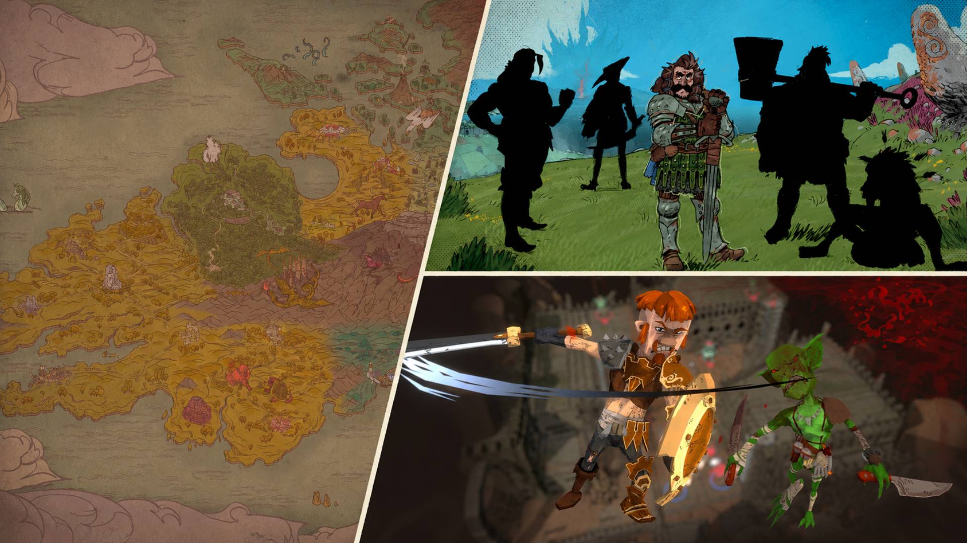 Collage aus drei Szenen von Sovereign Tower: links eine gezeichnete Fantasy-Weltkarte, oben rechts eine Heldengruppe mit zentralem Krieger auf einer grünen Anhöhe und unten rechts ein Kampf gegen einen grünen Goblin.