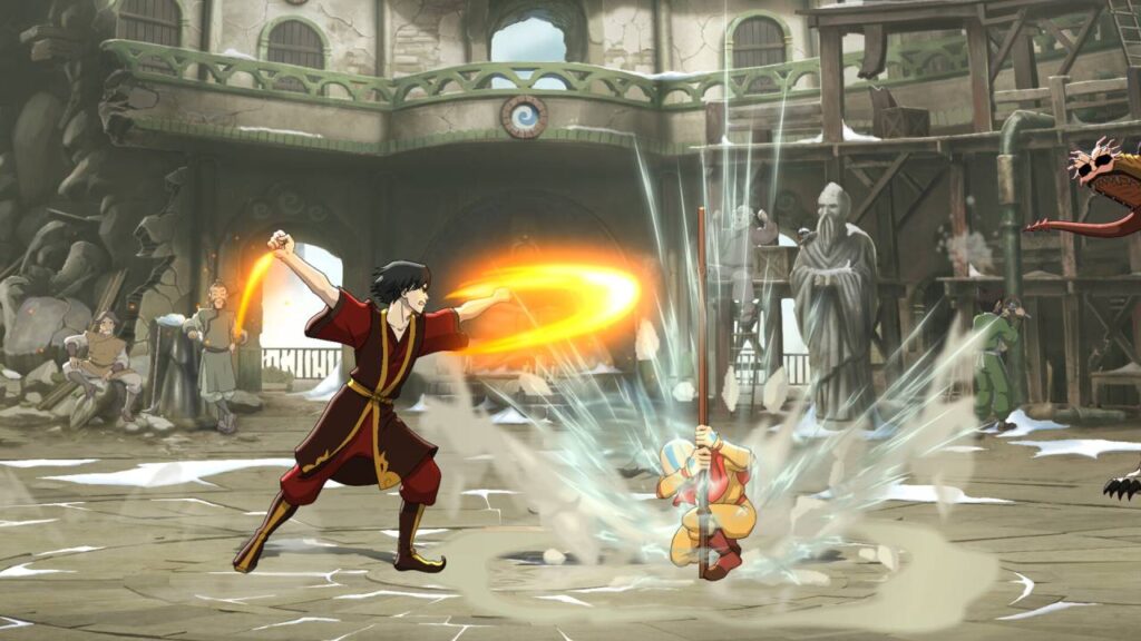 Zuko greift Aang in einer Arena mit einer Feuerattacke an, während Aang sich mit seinem Stab gegen den Einschlag schützt.