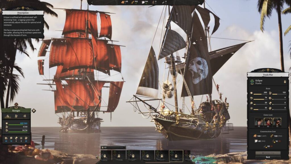 Zwei Piratenschiffe mit roten und schwarzen Segeln treffen auf offener See aufeinander.