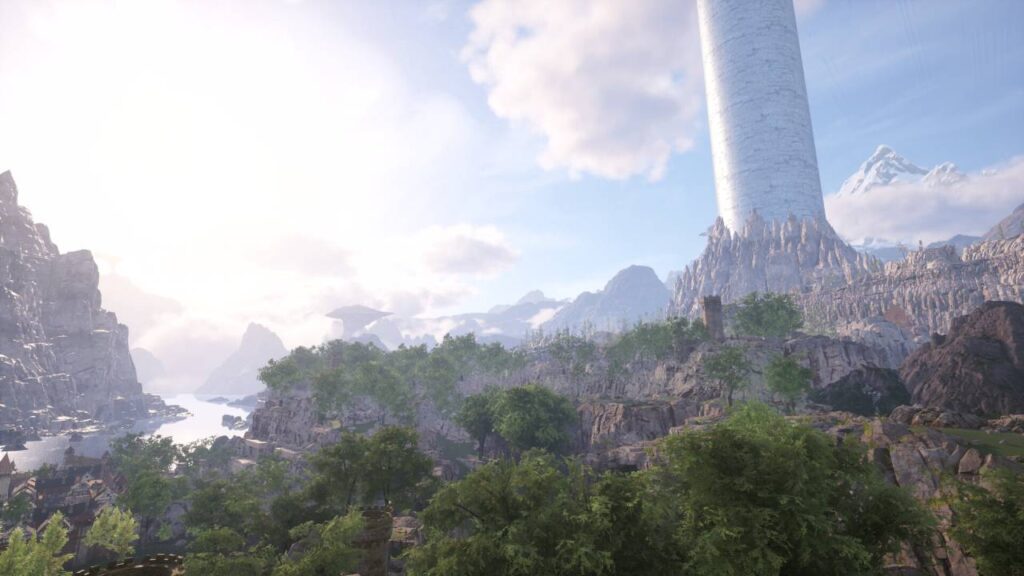 Echoes of Aincrad zeigt eine weite Fantasy-Landschaft mit Bergen, Wäldern und einem riesigen weißen Turm.