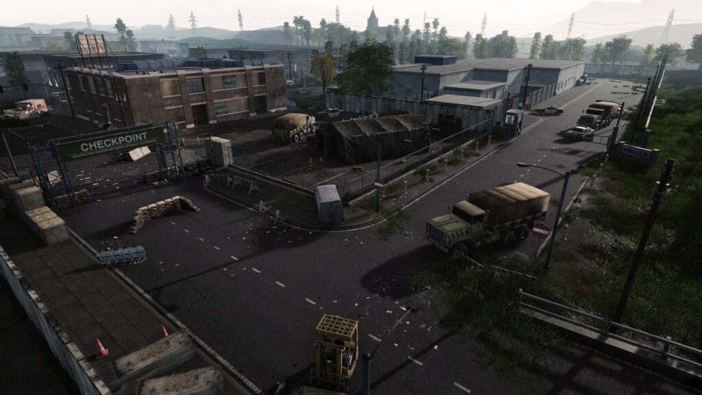 Militärischer Checkpoint aus einem der besten Zombie-Spiele 2026 mit verlassenen Straßen, Fahrzeugen und Absperrungen