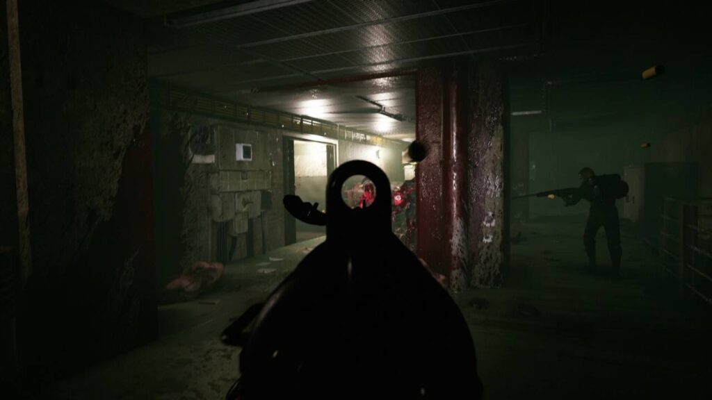 Projekt Z: Beyond Order:
Dunkle Shooter-Szene aus einem Zombie-Spiel mit bewaffneten Überlebenden in einem unterirdischen Bereich