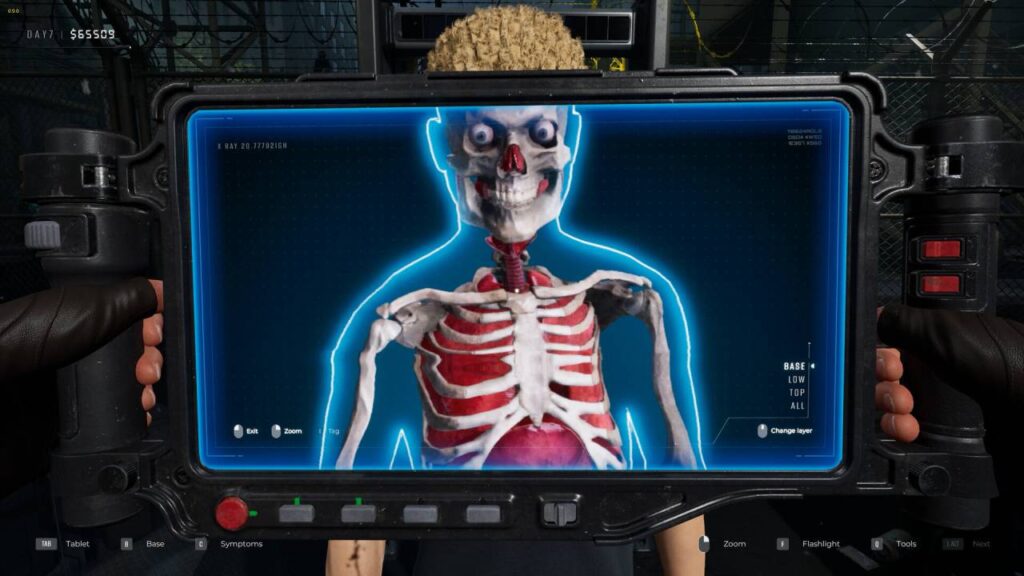 Screening-Gerät aus einem der besten Zombie-Spiele 2026 zeigt ein skelettiertes Opfer an einem Kontrollpunkt