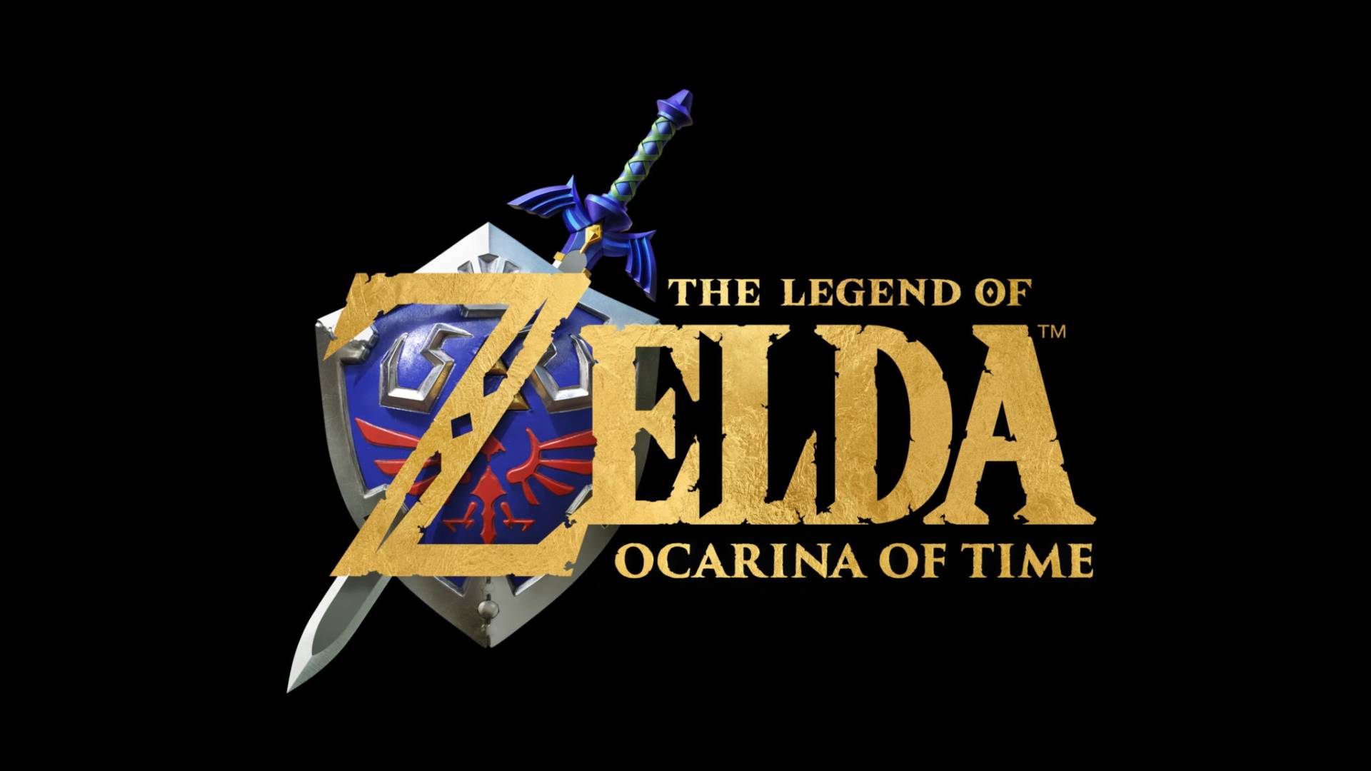 Logo von The Legend of Zelda: Ocarina of Time mit Schwert und Hylia-Schild vor schwarzem Hintergrund
