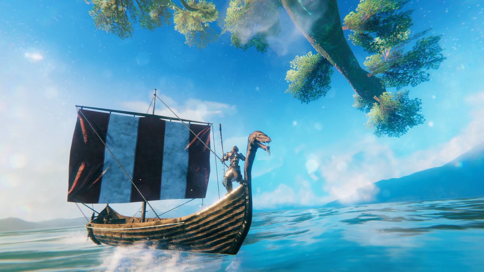 Wikingerschiff aus Valheim segelt über hellblaues Wasser, während eine Figur am Bug steht und riesige Bäume über der Szene schweben.