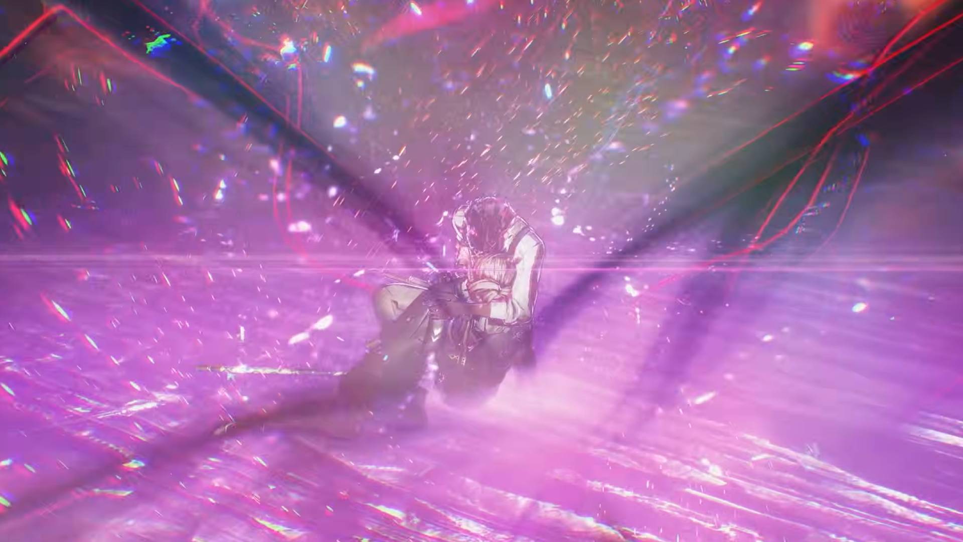 Eine Figur kauert in Xenoblade Genesis inmitten eines violetten Energieausbruchs