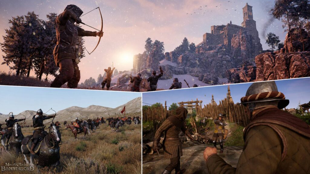 Collage aus Bellwright, Mount & Blade 2: Bannerlord und Medieval Dynasty mit Bogenschütze, Reiterheer und mittelalterlichem Nahkampf.