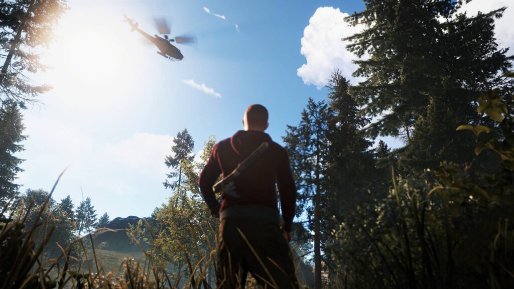 Rust zeigt einen Überlebenden im Wald, der bei hellem Sonnenlicht zu einem fliegenden Hubschrauber am Himmel blickt.