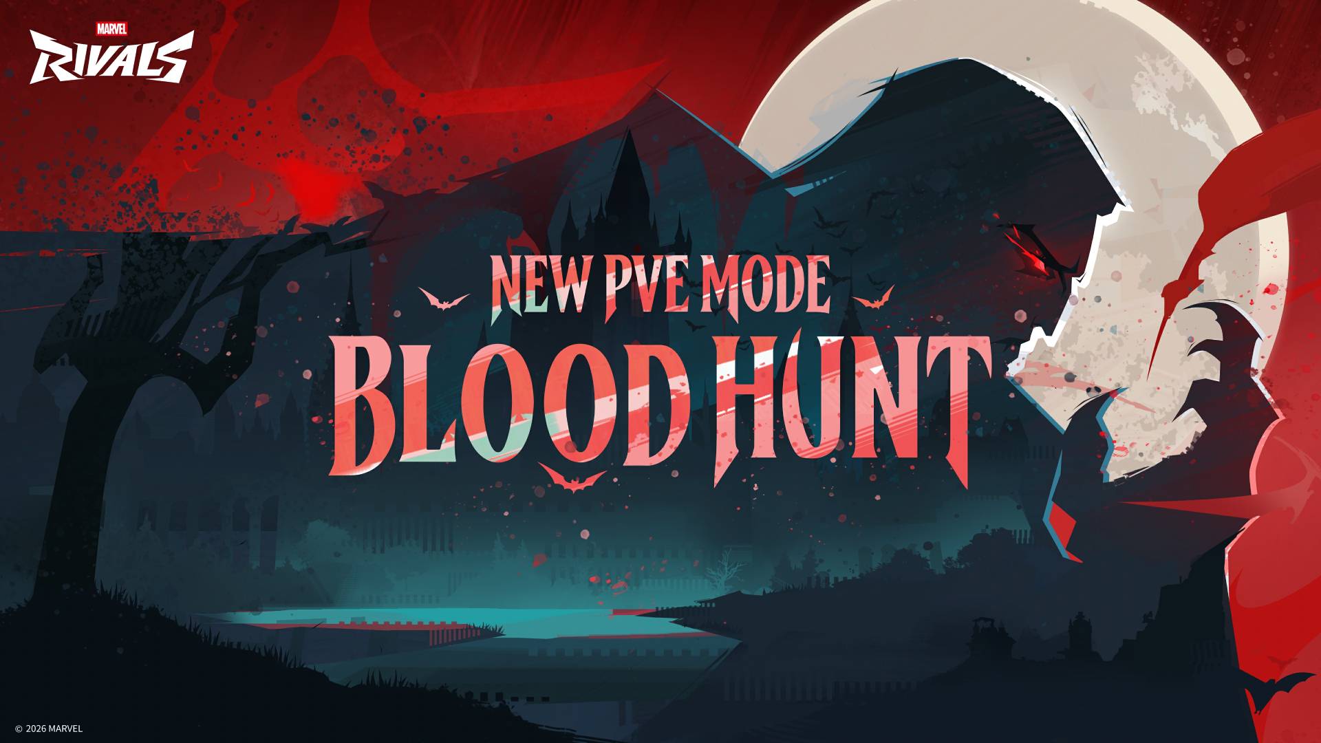 Marvel Rivals zeigt den neuen PvE-Modus Blood Hunt mit rotem Schriftzug, Vollmond, Fledermäusen und düsterer Vampir-Kulisse.