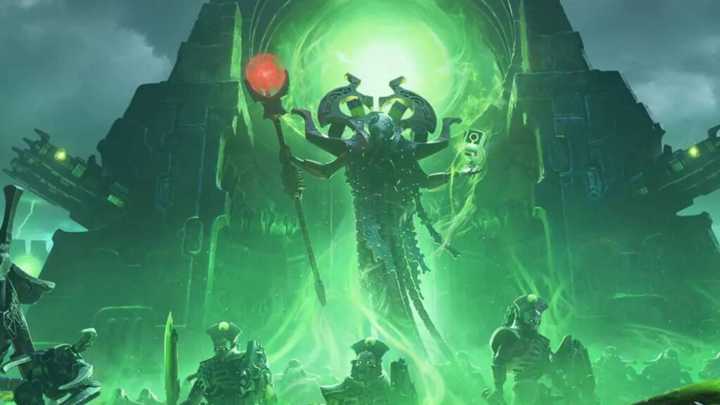 Necron-Armee versammelt sich vor einer grünen Energiequelle in Dawn of War 4