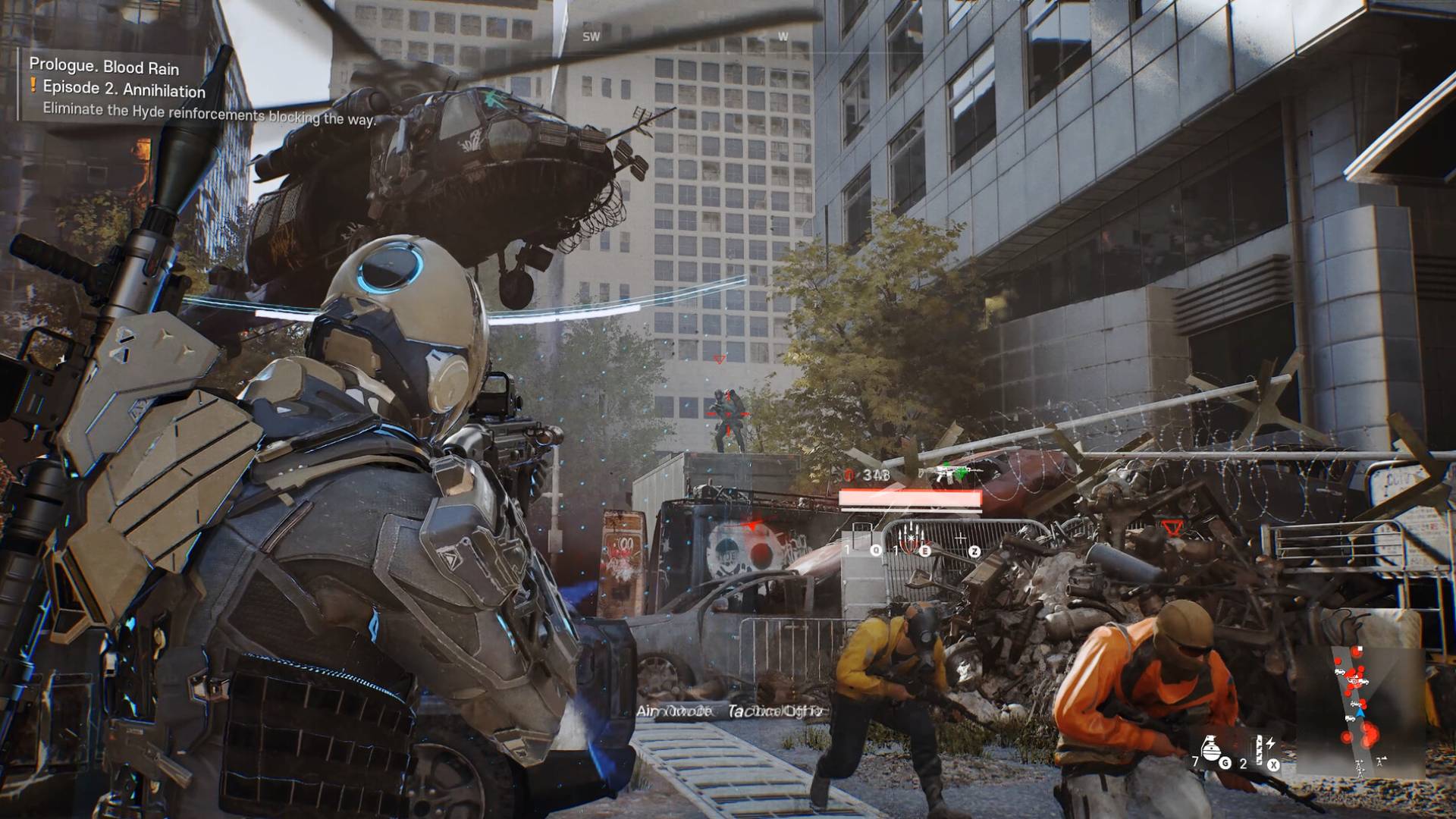 Cinder City zeigt ein futuristisches Feuergefecht in einer zerstörten Großstadt mit Soldaten, Hubschrauber und schwer bewaffneter Sci-Fi-Rüstung.