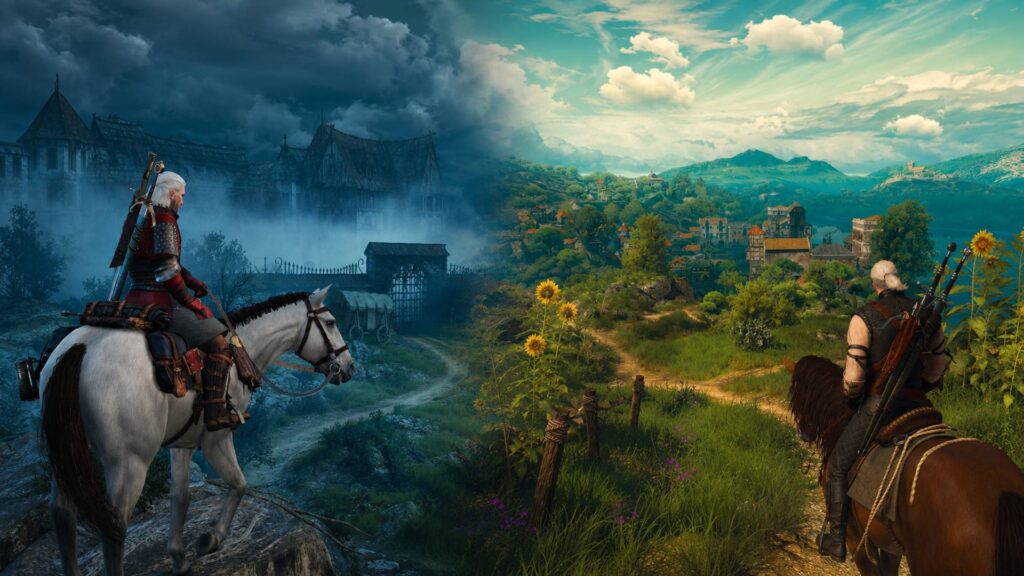 The Witcher 3 zeigt Geralt auf zwei Pferden in einer geteilten Collage zwischen düsterem Anwesen und sonniger Landschaft als Vergleich der Erweiterungen Hearts of Stone und Blood and Wine.