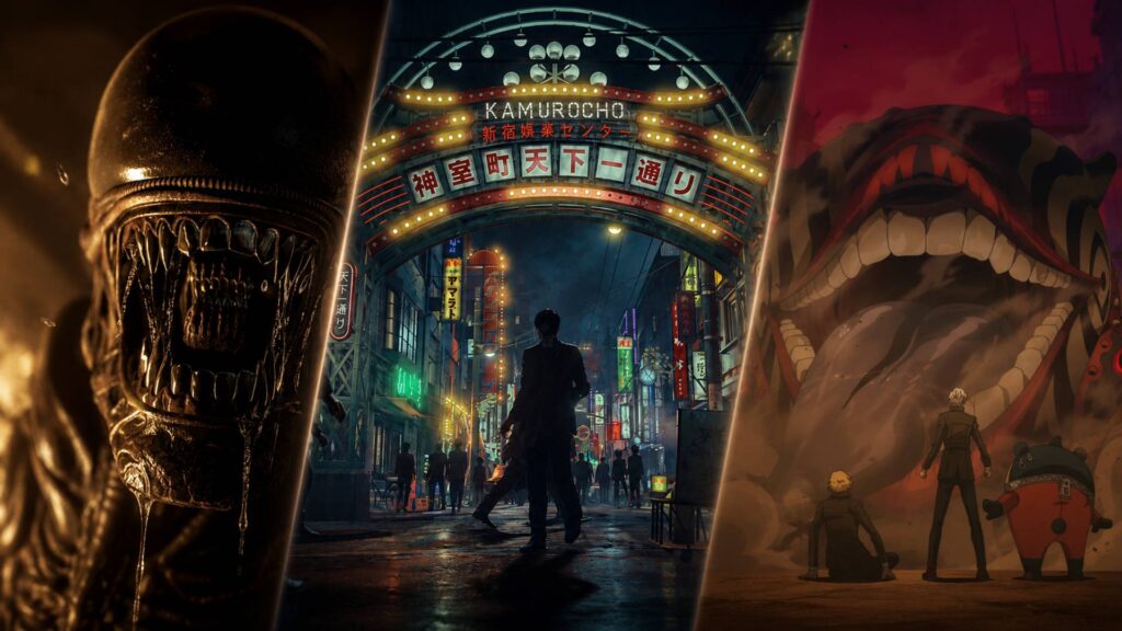 Collage zu Segas Gamescom-Auftritt mit Alien: Isolation 2, Stranger Than Heaven und Persona 4 Revival.