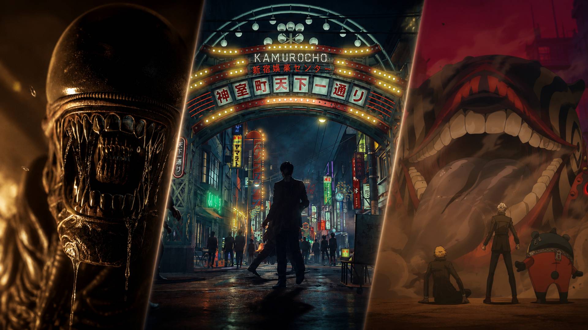 Collage zu Segas Gamescom-Auftritt mit Alien: Isolation 2, Stranger Than Heaven und Persona 4 Revival.