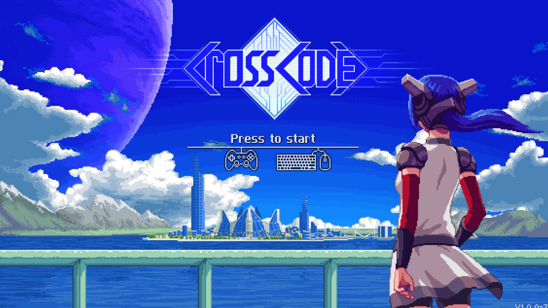 CrossCode zeigt den Startbildschirm mit Pixel-Art-Figur vor einer futuristischen Stadt, blauem Himmel, Meer und großem Planeten im Hintergrund.