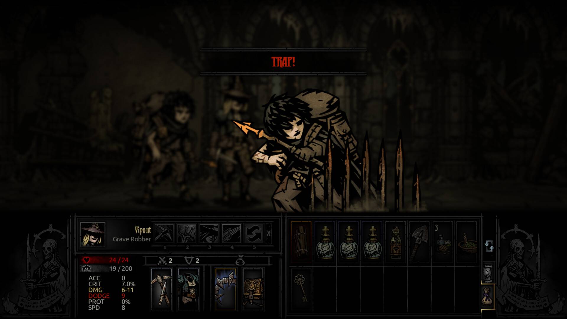 Darkest Dungeon: The Fire’s Edge zeigt eine Heldengruppe in einem düsteren Verlies, während eine Figur in eine Stachelfalle gerät.