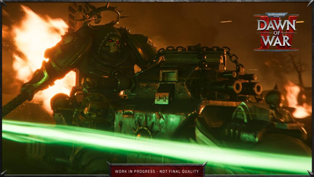 Dawn of War 4 zeigt einen Necron-Krieger auf einem gepanzerten Fahrzeug, während grüne Laserstrahlen und Feuer die düstere Schlacht erhellen.