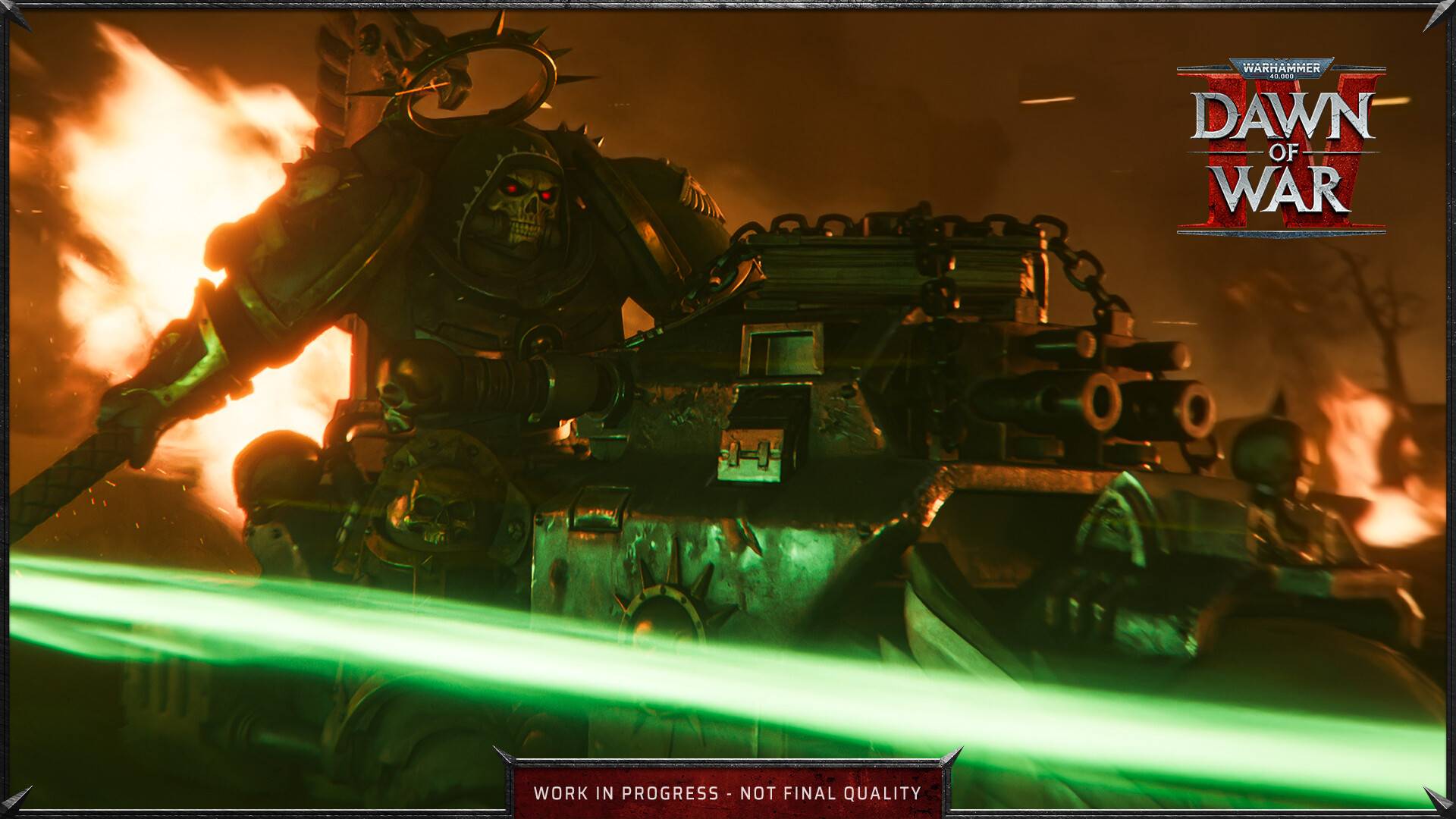 Dawn of War 4 zeigt einen Necron-Krieger auf einem gepanzerten Fahrzeug, während grüne Laserstrahlen und Feuer die düstere Schlacht erhellen.
