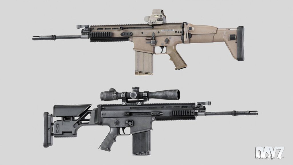 DayZ zeigt zwei SCR-17 Battle Rifles in hellen und dunklen Varianten mit Magazin, Schaft und montierten Visieren vor grauem Hintergrund.