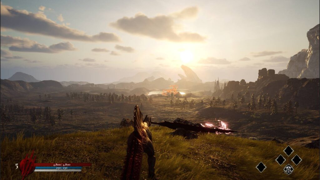 Dinoblade zeigt einen Dinosaurier auf einer Anhöhe mit Blick über eine weite Fantasy-Landschaft im Sonnenuntergang.