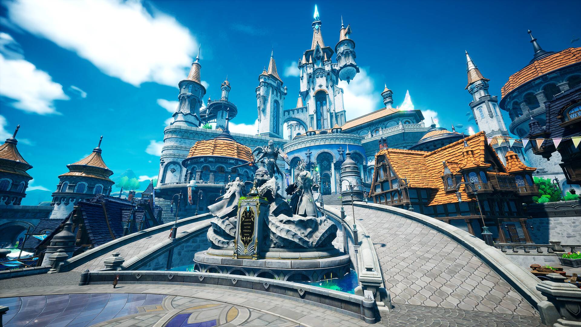 Prächtige Fantasy-Stadt in DragonSword Awakening mit gewaltigem Schloss, steinerner Brücke und großer Statue unter blauem Himmel.