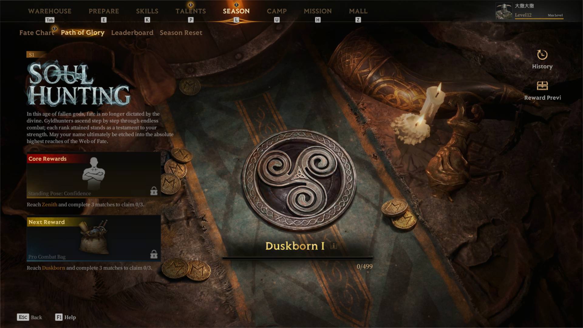 Path-of-Glory-Menü in Mistfall Hunter mit dem Rang Duskborn I, Punktestand und Belohnungen.