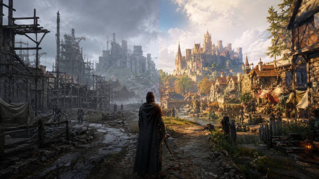 Symbolbild zu Early Access zeigt eine geteilte Mittelalterstadt, links unfertig und düster, rechts fertig ausgebaut und hell beleuchtet.