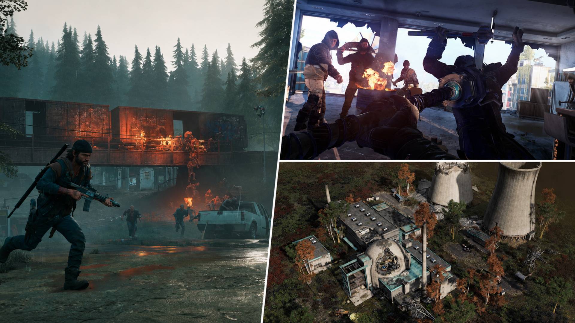 Collage aus Days Gone, Dying Light 2: Stay Human und Endzone 2 mit Verfolgungsjagd, Nahkampf und zerstörter Industrieanlage.