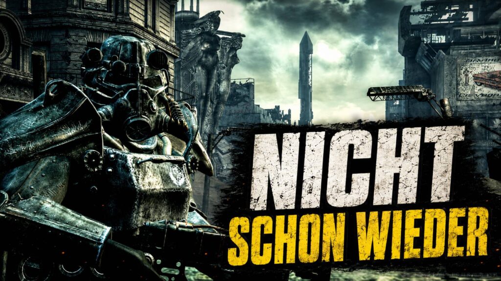 Fallout-Thumbnail mit Power-Rüstung vor zerstörter Stadt und großem Schriftzug „Nicht schon wieder“.