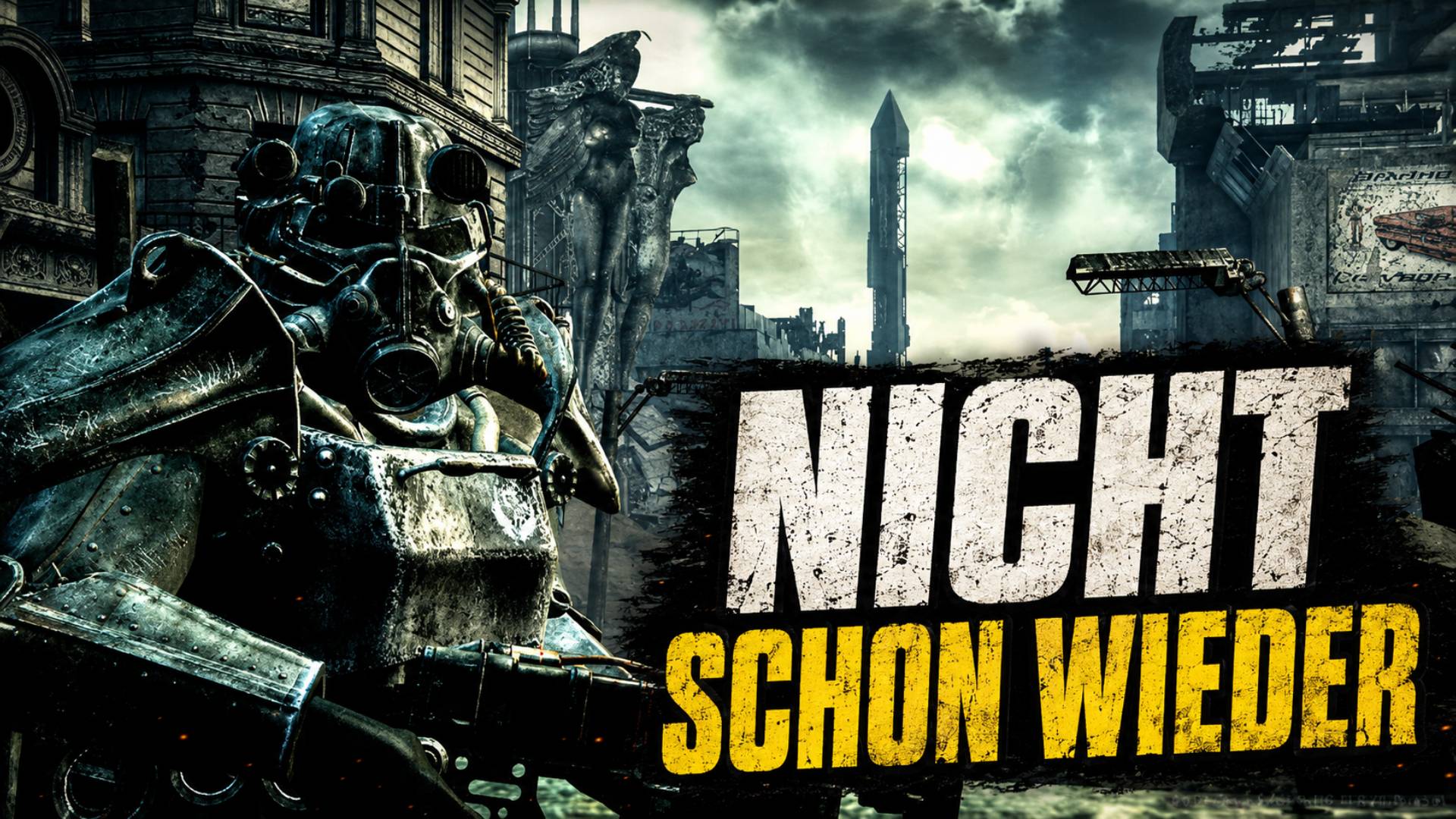 Fallout-Thumbnail mit Power-Rüstung vor zerstörter Stadt und großem Schriftzug „Nicht schon wieder“.