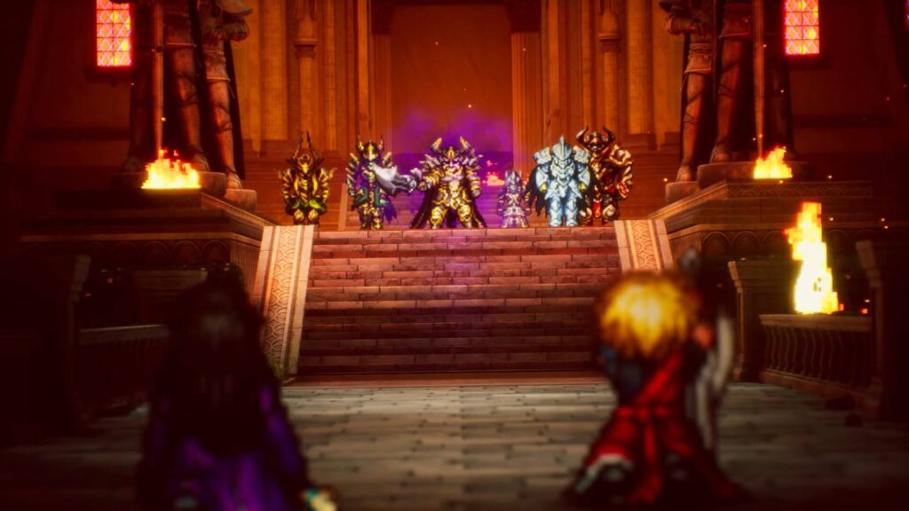 Final Fantasy Resonance zeigt mehrere gepanzerte Gegner auf einer Treppe in einer brennenden Halle, während zwei Helden im Vordergrund gegenüberstehen.