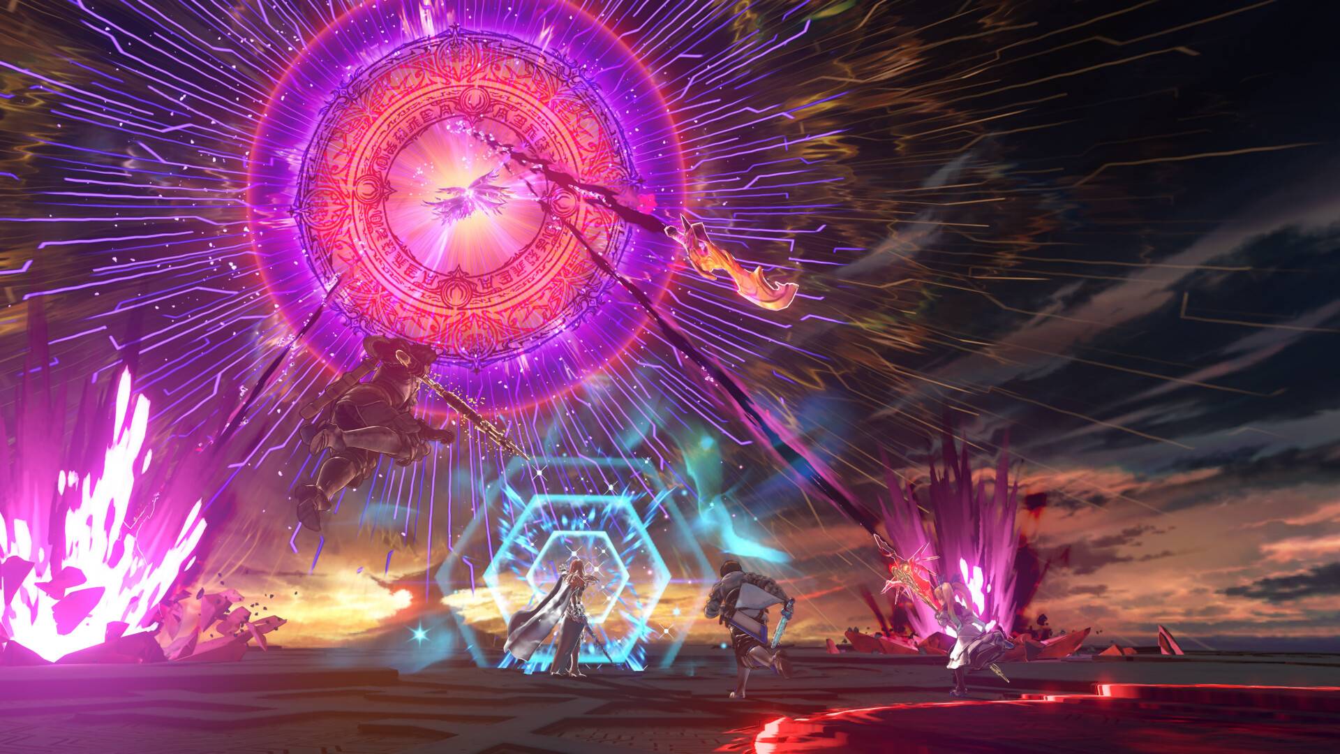 Granblue Fantasy Relink zeigt einen Bosskampf mit mehreren Helden, magischen Barrieren und einem riesigen violetten Angriffskreis am Himmel.