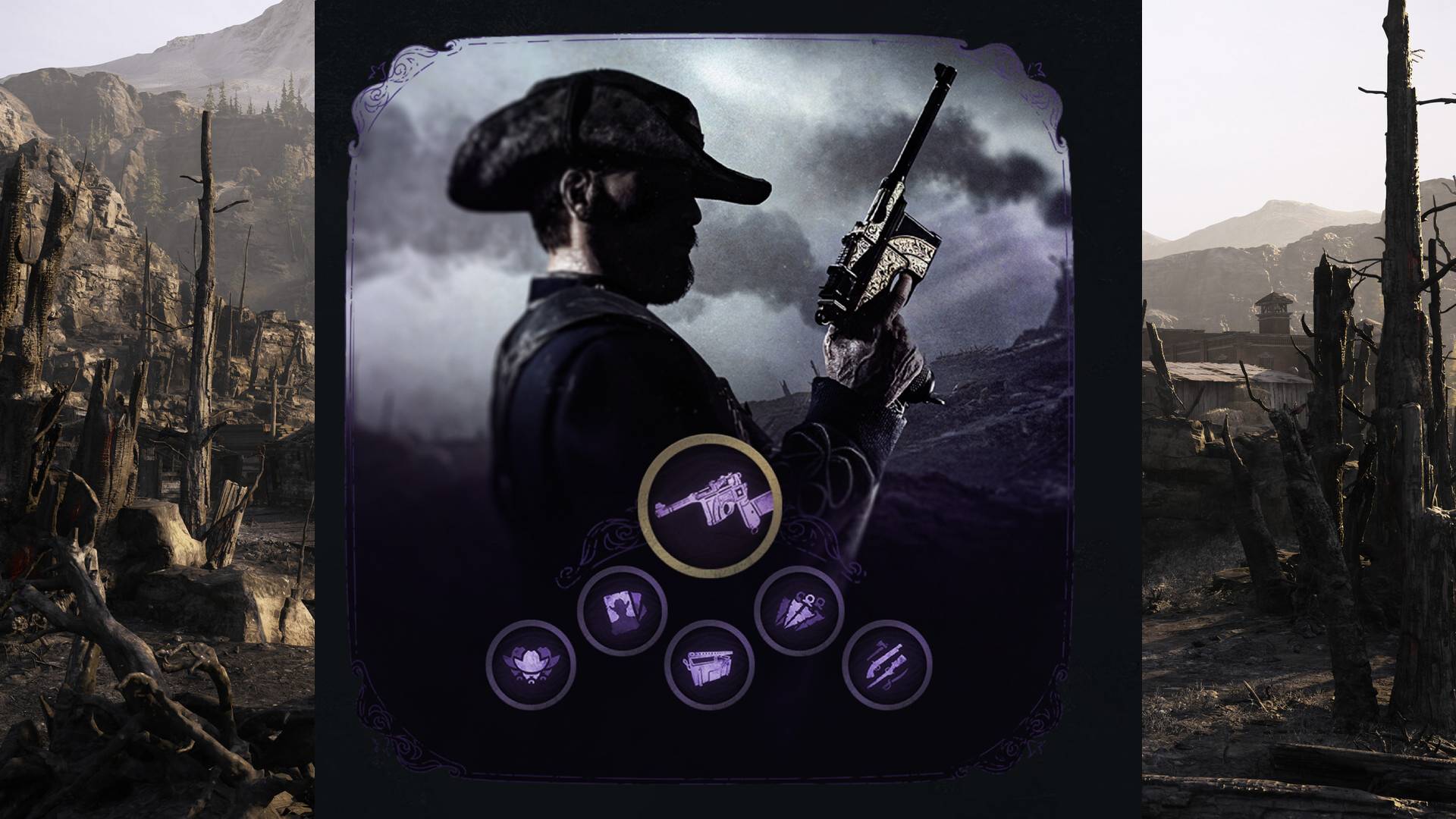 Jäger aus Hunt Showdown 1896 hält den Golden-Hair-Trigger-Skin vor einer verwüsteten Landschaft, darunter sind mehrere Twitch-Drop-Belohnungen abgebildet.