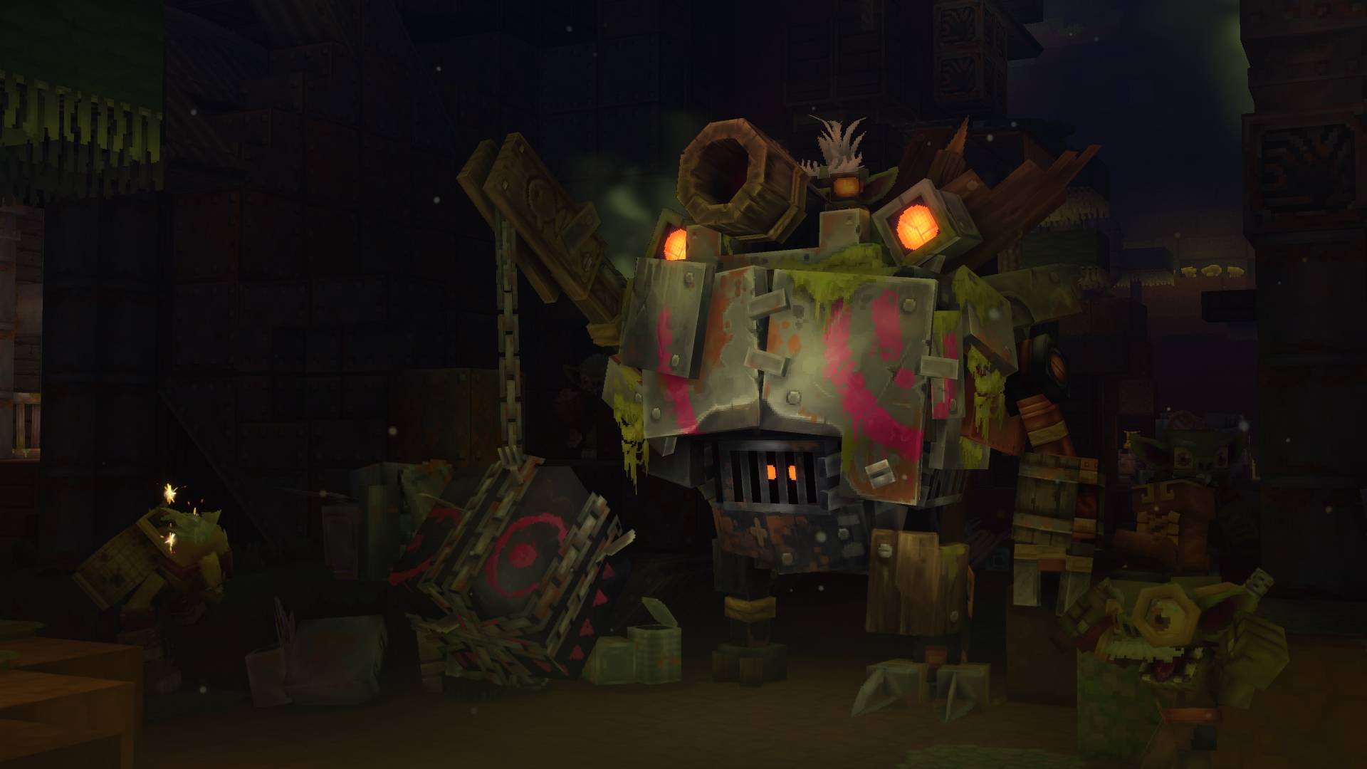 Hytale zeigt eine große, rostige Maschine mit leuchtenden Augen in einer dunklen Werkstatt, umgeben von kleinen Kreaturen und Kisten.