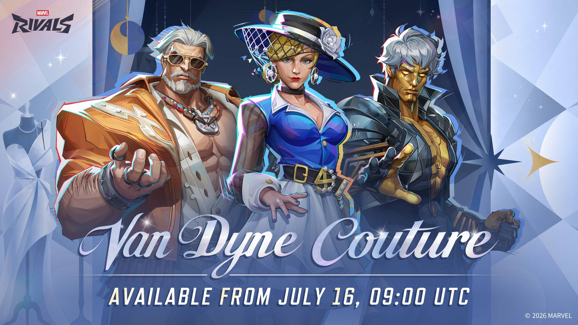 Marvel Rivals zeigt Magneto, Invisible Woman und Adam Warlock in eleganten Van-Dyne-Couture-Skins vor einem Modehintergrund.