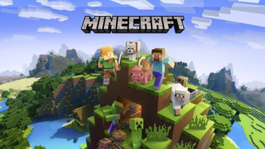 Minecraft zeigt die blockige Spielwelt mit Steve, Alex, Tieren und Monstern auf einem grünen Hügel unter dem Minecraft-Logo.