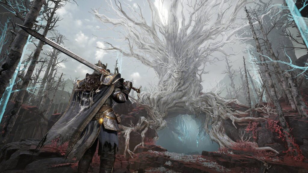 Mistfall Hunter zeigt einen gepanzerten Krieger mit Großschwert vor einem riesigen weißen Baum in einer düsteren Fantasy-Landschaft.
