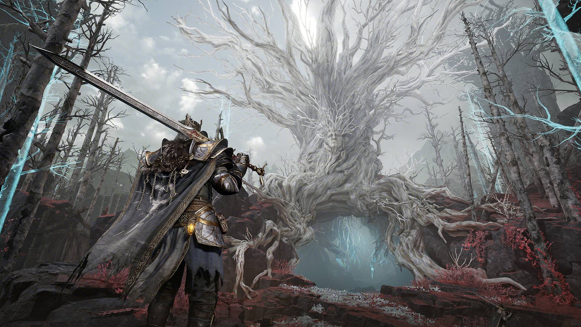 Mistfall Hunter zeigt einen gepanzerten Krieger mit Großschwert vor einem riesigen weißen Baum in einer düsteren Fantasy-Landschaft.