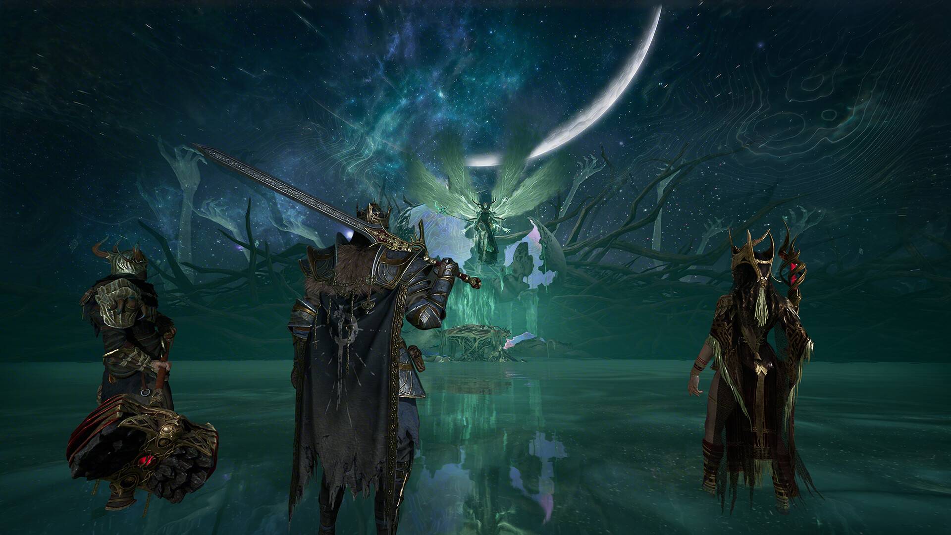 Drei Krieger stehen in Mistfall Hunter vor einer schwebenden, geflügelten Gestalt in einer düsteren kosmischen Arena.