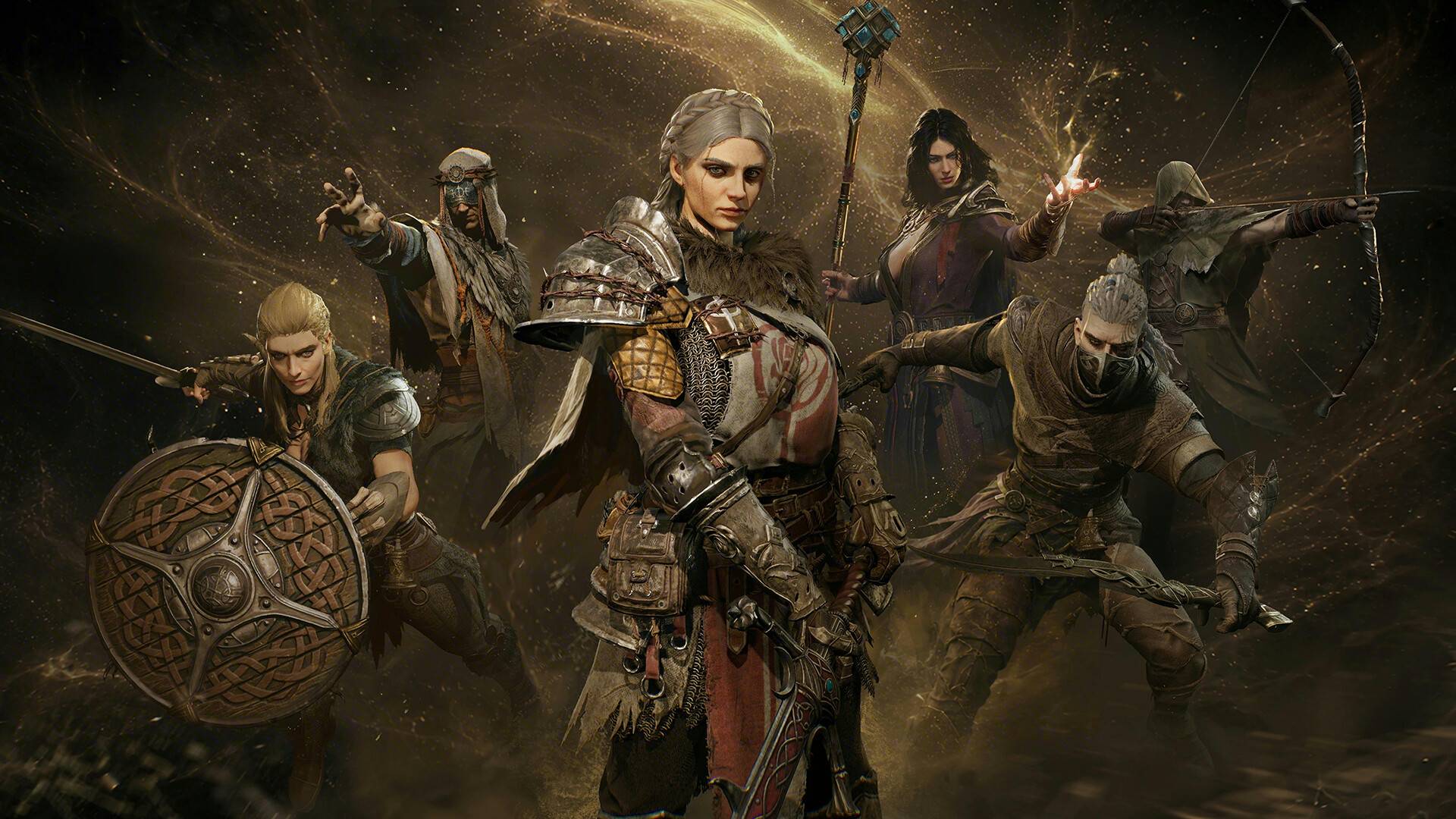 Mistfall Hunter zeigt sechs spielbare Klassen mit unterschiedlichen Waffen, darunter Schild, Magie, Bogen und Nahkampfwaffen, vor einem goldenen Fantasy-Hintergrund.