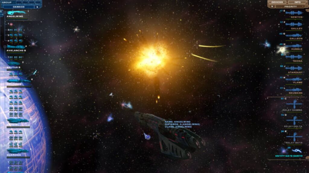 Raumschlacht in Nexus: The Jupiter Incident mit Explosion, Sternenfeld und taktischer Flottenanzeige