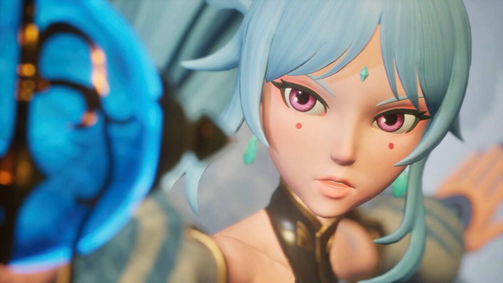 Palworld zeigt eine Nahaufnahme einer blauhaarigen Pal-Figur mit pinken Augen und glänzender Fantasy-Rüstung.