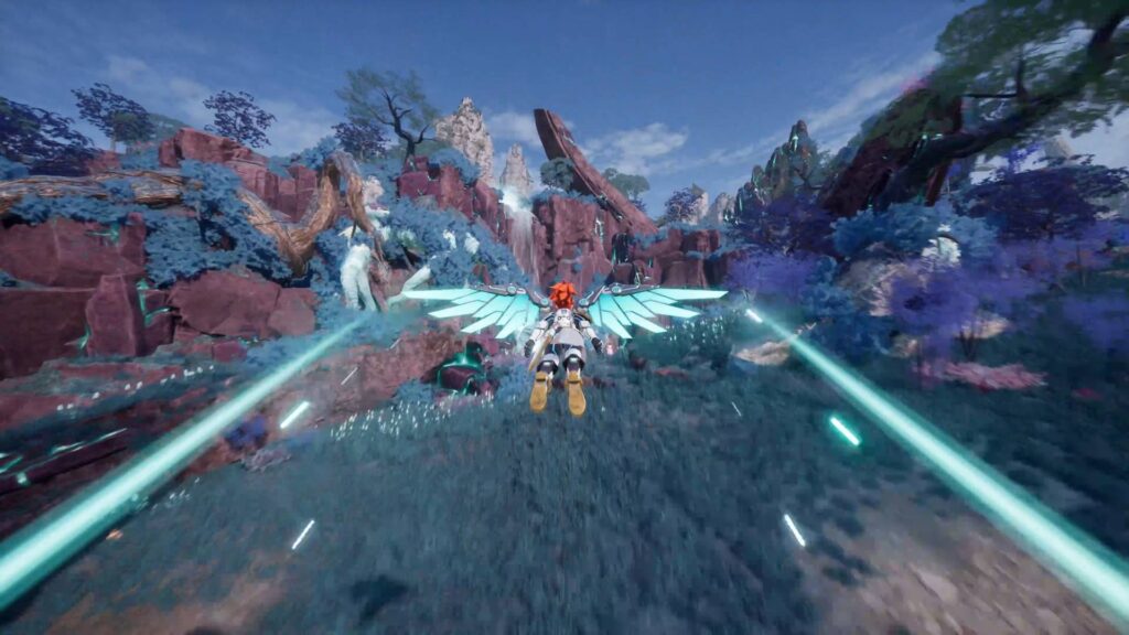 Palworld-Spieler fliegt mit dem Wing Pack durch ein bewaldetes Gebiet